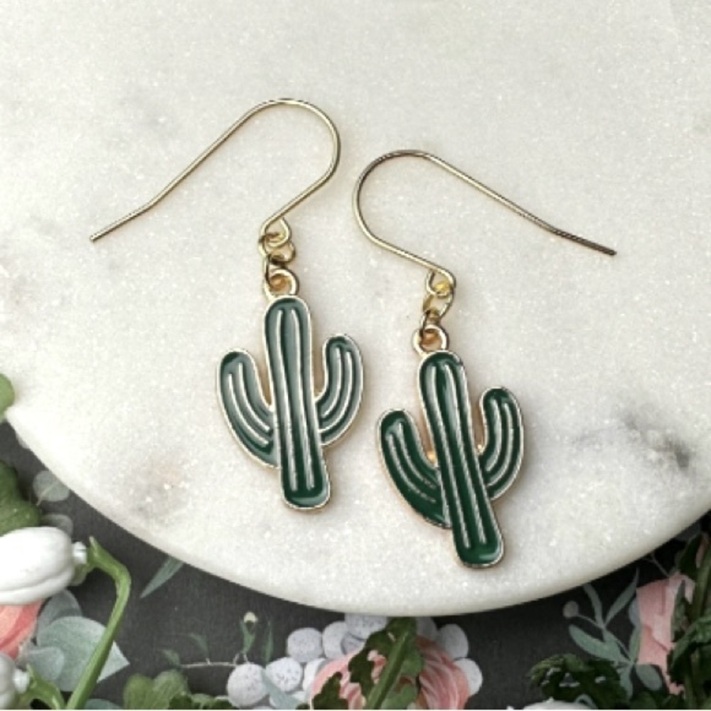 NWT - Saguaro Cactus Metal Single Sided Dangle Earrings Green & Gold